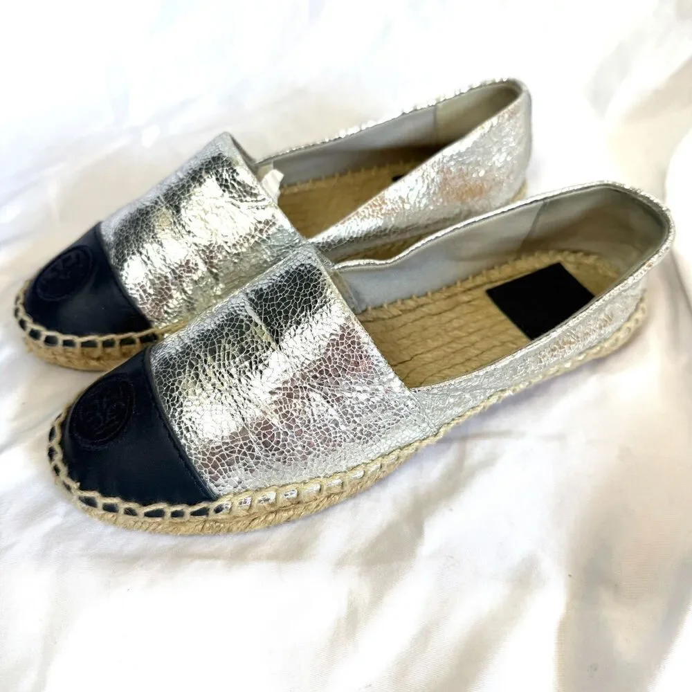 Tory Burch Espadrilles Silver Metallic Black Leather Cap Toe Flats Size 5.5